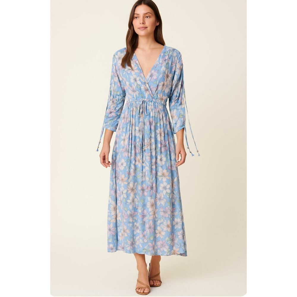 New with tags POL Blue Floral Maxi Dress Small Boho Long Sleeve V-Neck SZ S